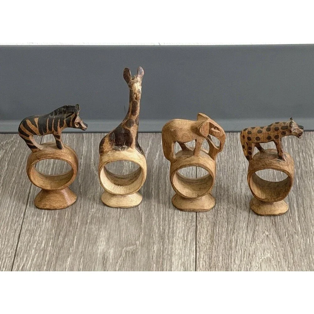 Vintage set of 4 Hand Carved Wooden African Safari Animal Napkin Ring Holders